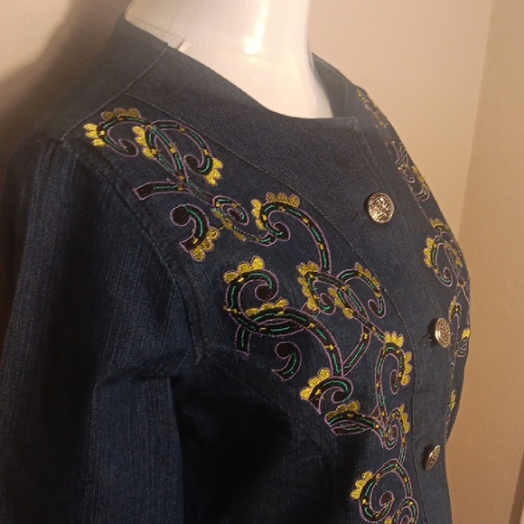 Choices Dark Blue Embroidered Jean Jacket - Picture 3 of 8